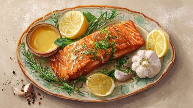 Filet de somon cu sos de lămâie și verdețuri, piele crocantă și garnituri simple