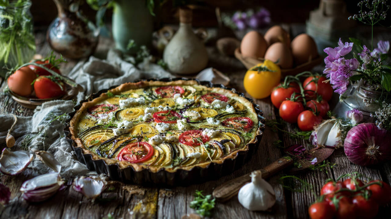Plăcintă rustică cu legume și brânză de capră — rețetă ușoară și crocantă