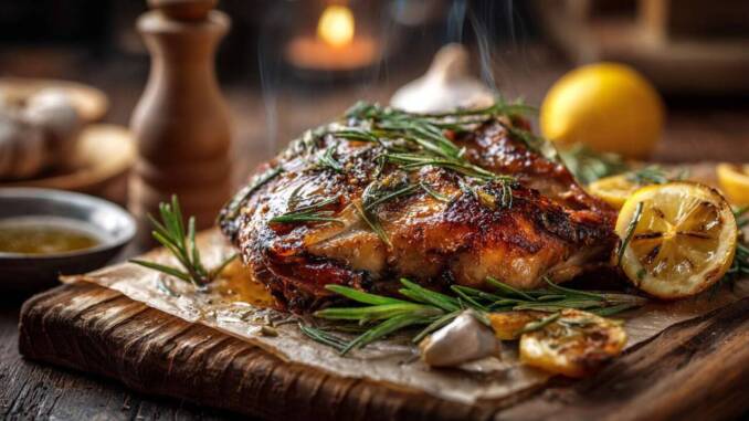 Pui la cuptor cu lămâie și ierburi: rețetă pentru piele crocantă și sos plin de arome