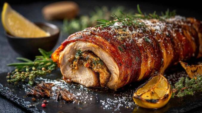 Ruladă de pui aromată cu ierburi și lămâie, umplutură de pesmet și parmezan