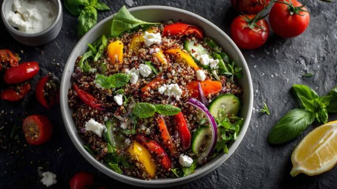 Salată de quinoa cu legume parfumate, lămâie și brânză feta