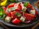 Salată de tomate cu brânză feta și verdețuri proaspete, sos mediteranean
