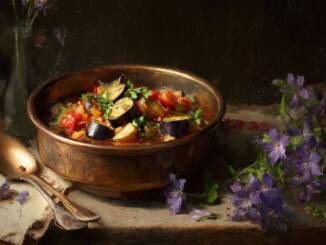 Tocană parfumată de legume cu verdețuri proaspete, servită în stil rustic