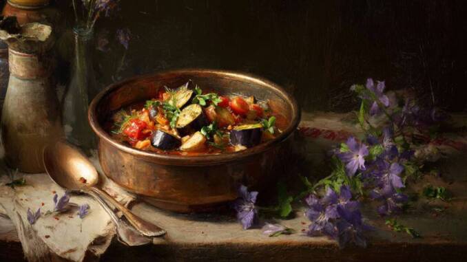 Tocană parfumată de legume cu verdețuri proaspete, servită în stil rustic Tocană parfumată de legume cu verdețuri proaspete, servită în stil rustic