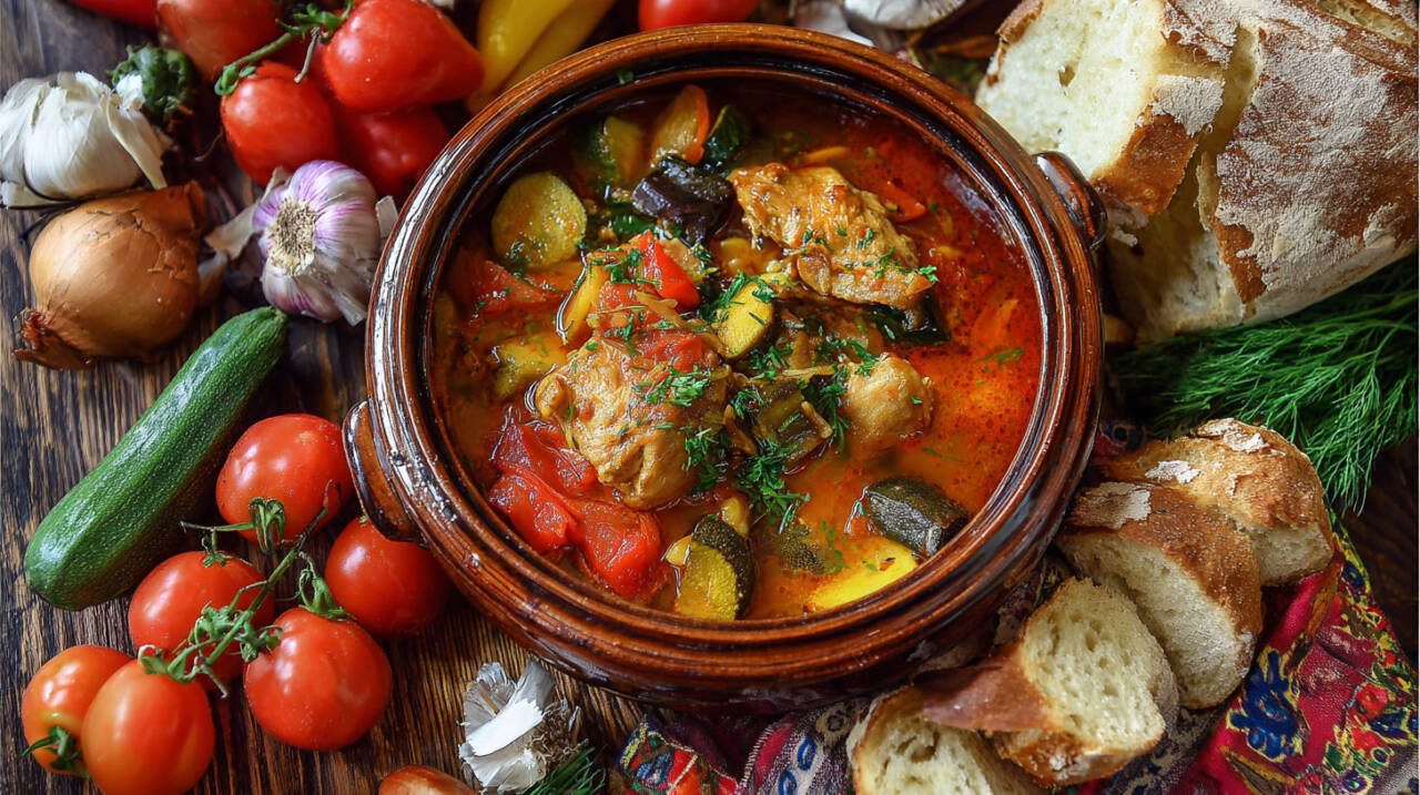 Tocană țărănească de pui cu legume din grădină, servită cu pâine sau mămăligă