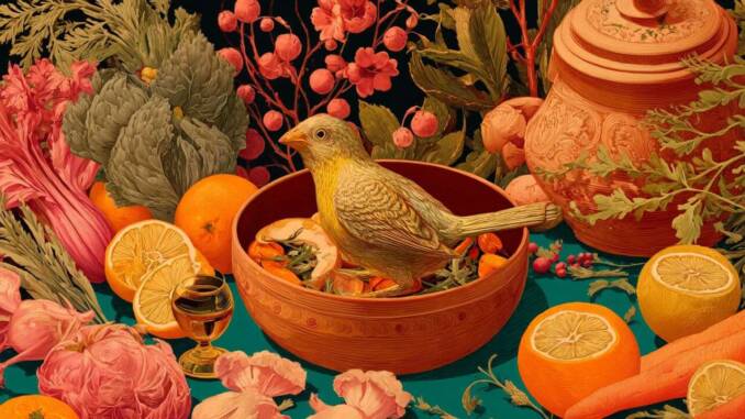 Pui copt cu lămâie și ierburi aromate, acompaniat de legume la cuptor