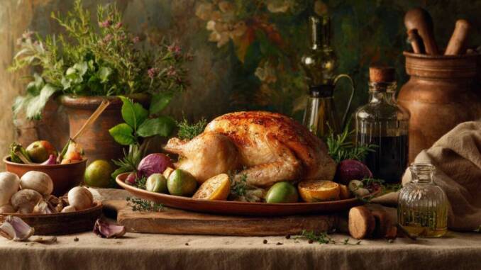 Pui la cuptor cu suc de lămâie și ierburi aromatice, umplut și legume la cuptor