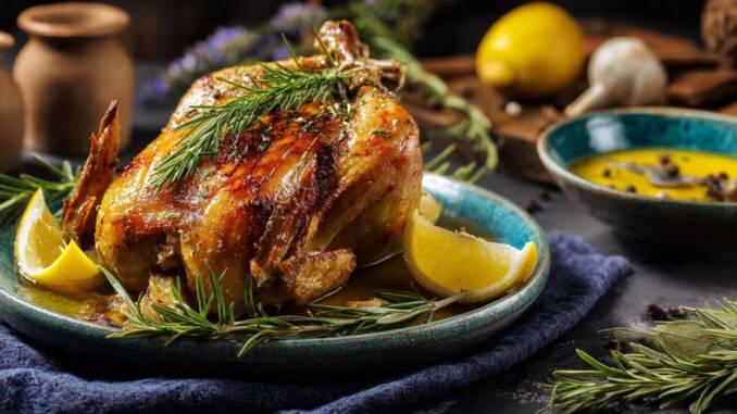 Pui rumenit cu ierburi și lămâie la cuptor: o rețetă ușoară pentru piele crocantă și sos plin de arome