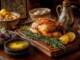 Pui rumenit cu lămâie și ierburi aromatice, sos fin și garnituri potrivite