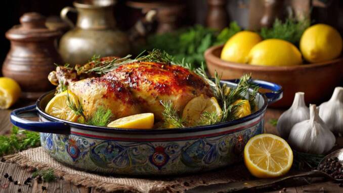 Rețetă de pui la cuptor cu lămâie și ierburi aromatice, umplut cu felii de lămâie