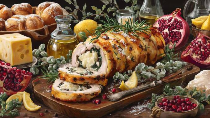 Ruladă de pui aromată cu ierburi și lămâie, umplutură din pesmet și parmezan