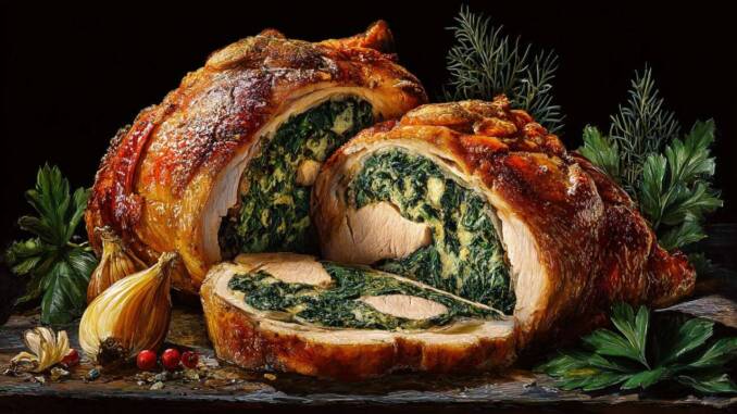 Ruladă de pui cu plante aromatice și lămâie umplută cu spanac și cașcaval