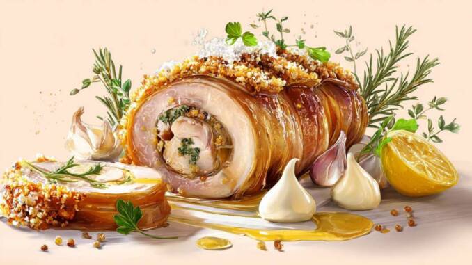 Ruladă de piept de pui cu verdețuri și lămâie, umplutură de unt aromat și pesmet panko