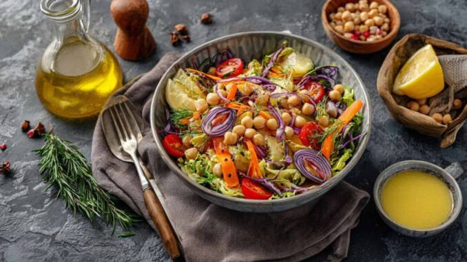 Salată călduță de legume cu sos de lămâie și năut, ideală ca fel principal sau garnitură