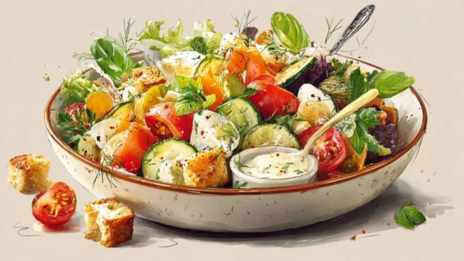 Salată de legume coapte la cuptor, servită caldă, cu dressing de lămâie și telemea Salată de legume coapte la cuptor, servită caldă, cu dressing de lămâie și telemea