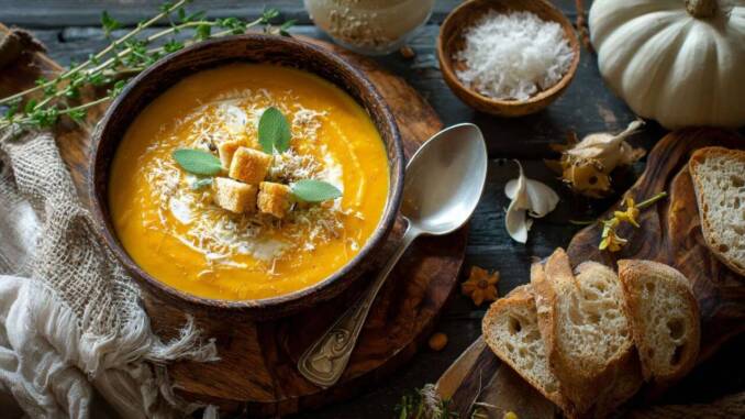 Cremă de dovleac cu salvie și parmezan – rețetă ușoară și catifelată Cremă de dovleac cu salvie și parmezan – rețetă ușoară și catifelată