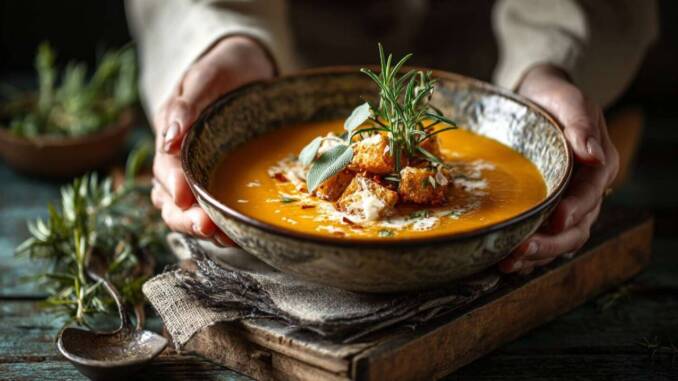 Cremă fină de dovleac cu salvie și parmezan, acompaniată de salvie prăjită crocant