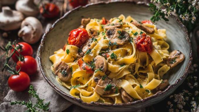 Tagliatelle cu ciuperci și usturoi în ulei de măsline, preparat rapid pentru 4 porții