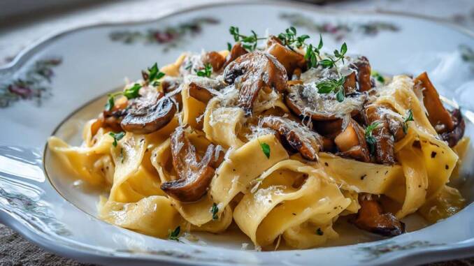 Tagliatelle cu ciuperci și usturoi sotate, sos onctuos cu unt și parmezan Tagliatelle cu ciuperci și usturoi sotate, sos onctuos cu unt și parmezan