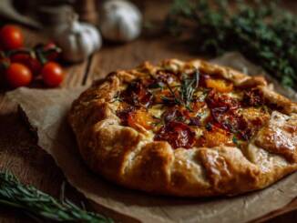 Tartă în stil rustic cu tomate și brânză de capră, crustă sfărâmicioasă și muștar Dijon