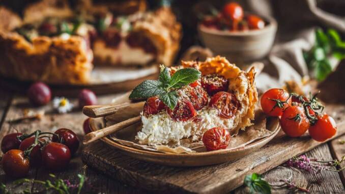 Plăcintă rustică cu roșii și brânză de capră - rețetă ușoară și savuroasă pentru 4 porții