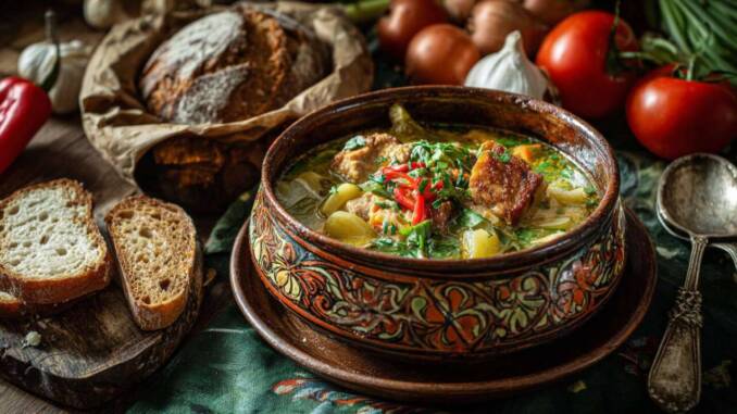 Tocană parfumată de legume cu ierburi proaspete și năut, însoțită de pâine rustică