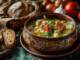 Tocană parfumată de legume cu ierburi proaspete și năut, însoțită de pâine rustică