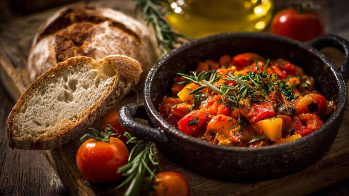 Tocană țărănească de legume cu ierburi parfumate, servită cu pâine de casă rustică Tocană țărănească de legume cu ierburi parfumate, servită cu pâine de casă rustică