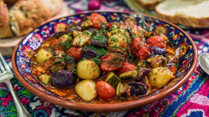 Tocană țărănească de legume cu verdețuri parfumate și năut, servită cu mămăligă sau pâine