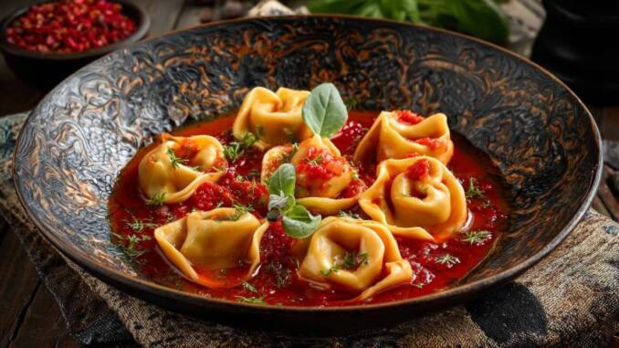 Tortellini în sos de roșii cu busuioc proaspăt - rețetă rapidă și ușoară Tortellini în sos de roșii cu busuioc proaspăt - rețetă rapidă și ușoară