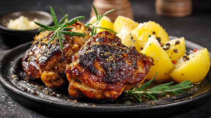 Pui la cuptor cu lămâie și rozmarin, servit cu cartofi și ceapă, rețetă simplă și crocantă
