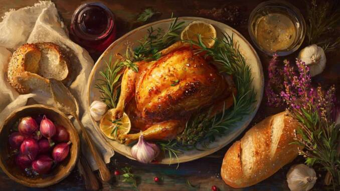 Pui copt cu lămâie și ierburi aromatice pentru piele crocantă și sos delicios