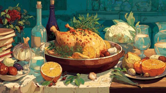 Pui la cuptor cu suc de lămâie și ierburi parfumate, însoțit de cartofi și legume la cuptor