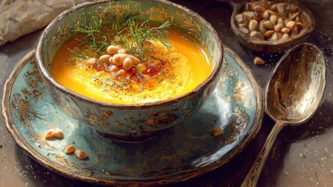 Rețetă pentru supă cremă de dovleac cu ghimbir și cimbru, servită cu semințe prăjite