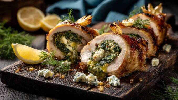 Ruladă de pui aromată cu ierburi, umplută cu spanac, lămâie și cremă de brânză