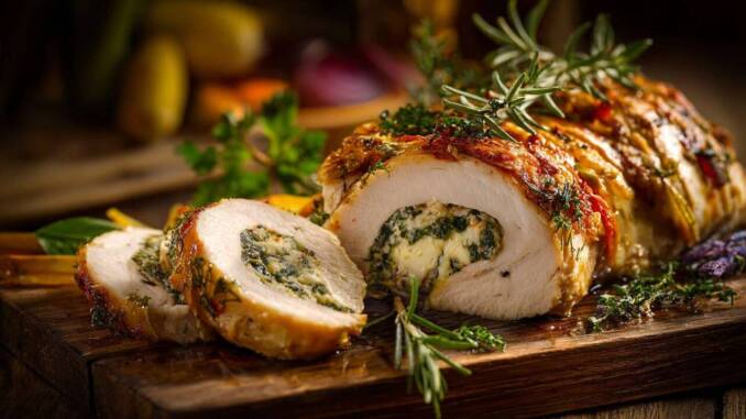 Ruladă delicată de pui cu ierburi parfumate și cremă de brânză, umplută și rumenită ideal Ruladă delicată de pui cu ierburi parfumate și cremă de brânză, umplută și rumenită ideal