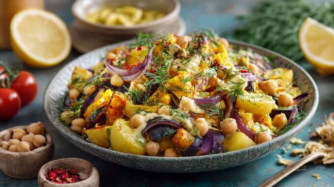 Salată călduță de legume la cuptor cu dressing de lămâie și năut pentru porții ideale