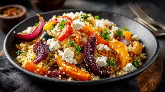 Salată de quinoa cu legume crocante, brânză feta și sos de lămâie