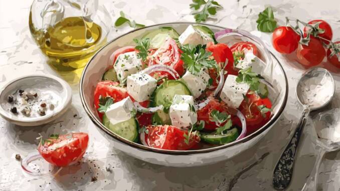 Salată estivală cu roșii, castravete și brânză feta savuroasă