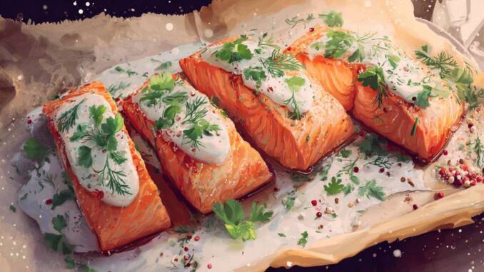 Somon copt cu sos de iaurt și mărar - rețetă rapidă și simplă