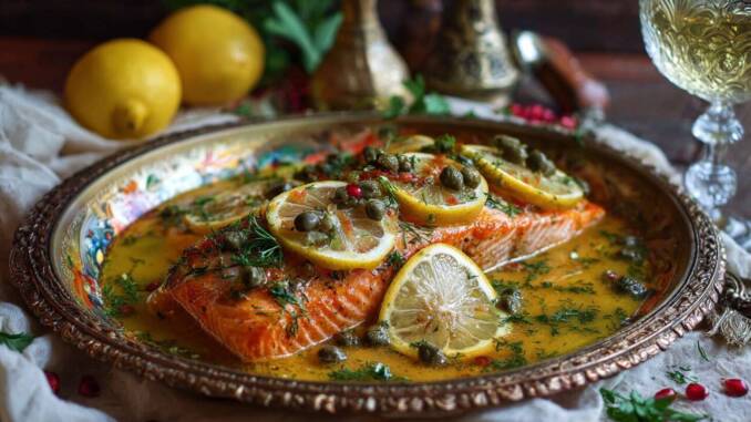 Somon copt cu sos de lămâie și capere, rețetă rapidă pentru o cină elegantă