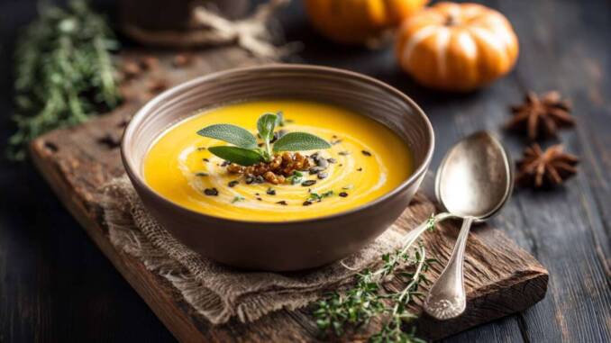 Cremă de supă de dovleac cu salvie și nucșoară – rețetă cremoasă cu garnituri crocante