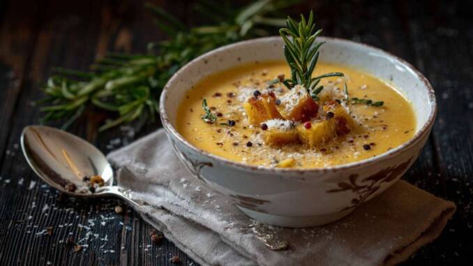 Cremă de dovleac cu salvie și parmezan, supă fină, cremoasă și plină de aromă