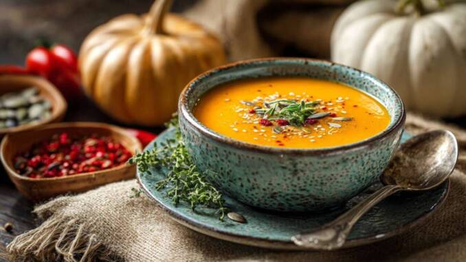 Supă fină de dovleac cu salvie și nucșoară, însoțită de semințe crocante