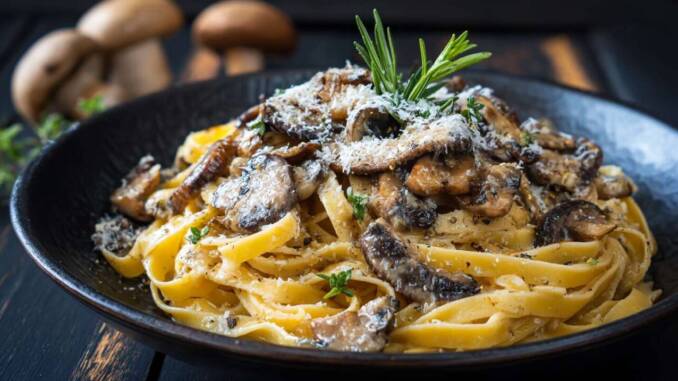 Tagliatelle cu ciuperci și usturoi în sos cremos de parmezan, rețetă rapidă și simplă