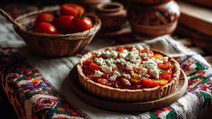 Tartă rustică cu roșii și brânză de capră – rețetă ușoară și crocantă pentru 4 porții
