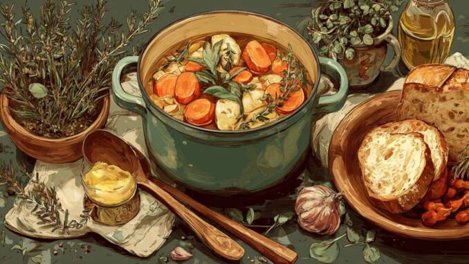 Tocană țărănească de legume cu ierburi parfumate, servită cu pâine sau mămăligă