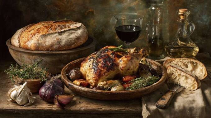 Tocană țărănească de pui cu legume parfumate și pâine rustică pentru servire