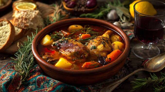 Tocăniță parfumată de pui cu legume de sezon, servită alături de mămăligă sau orez