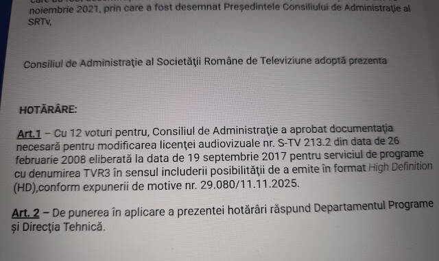 TVR 3 va difuza oficial în HD în urma actualizării licenței solicitate de Societatea Română de Televiziune
